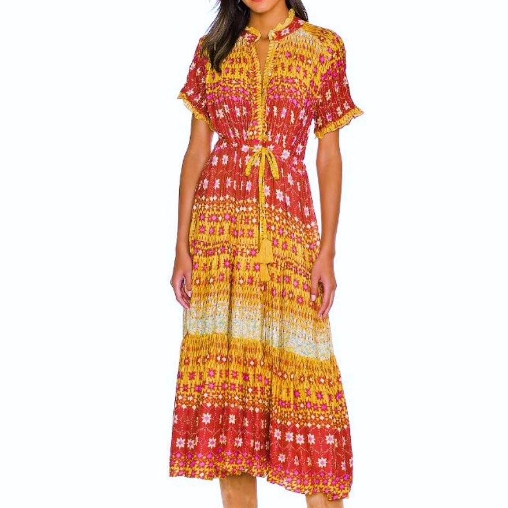 Free People Midi Dress Rare Feeling Goldenrod Combo Ruffled Pintuck Drawstring S - Picture 6 of 9
